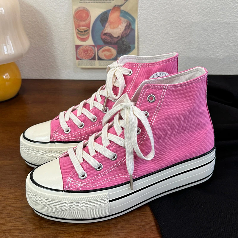 粉红色厚底增高时尚青春潮流小众学院百搭12系带港风休闲款帆布鞋
