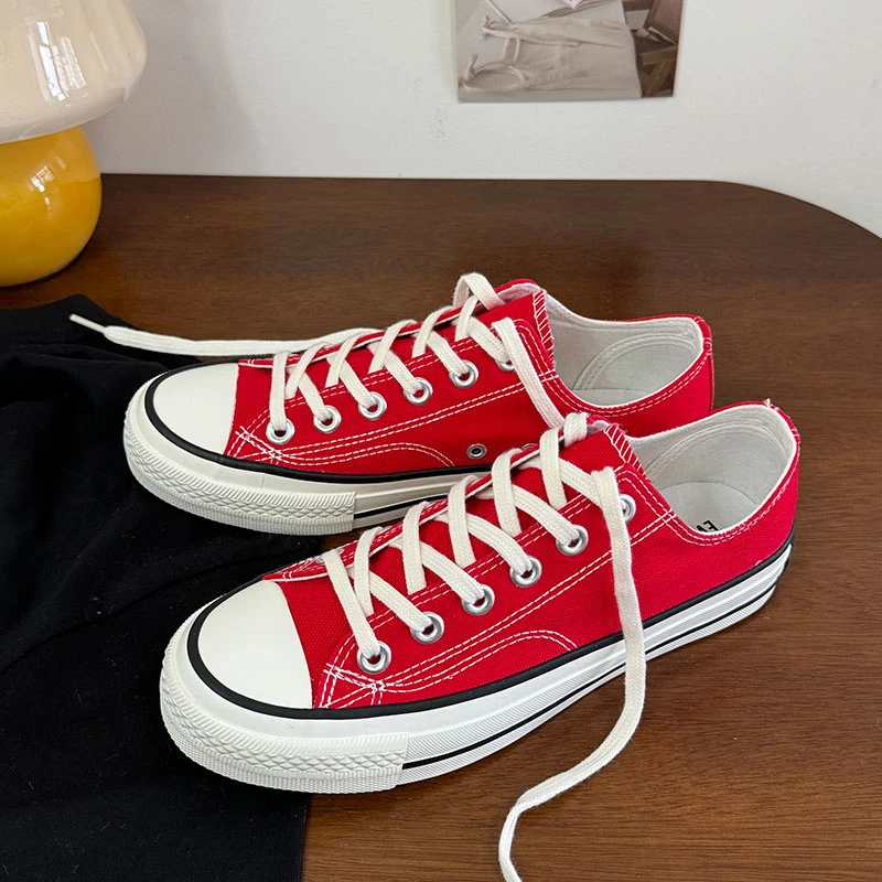 大红色低帮男女同款港风休闲时尚青春18百搭学院复古款系带帆布鞋