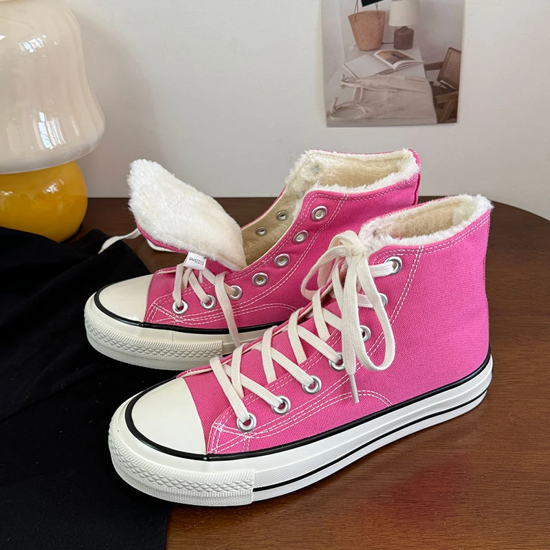 粉色休闲时尚青春潮流韩版88百搭学院系带港风复古加绒保暖帆布鞋