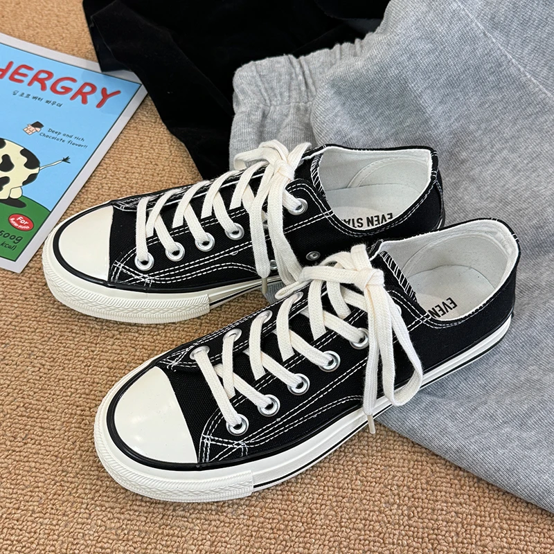 黑色低帮男女同款时尚青春潮流款韩版百搭学院系带港风休闲帆布鞋