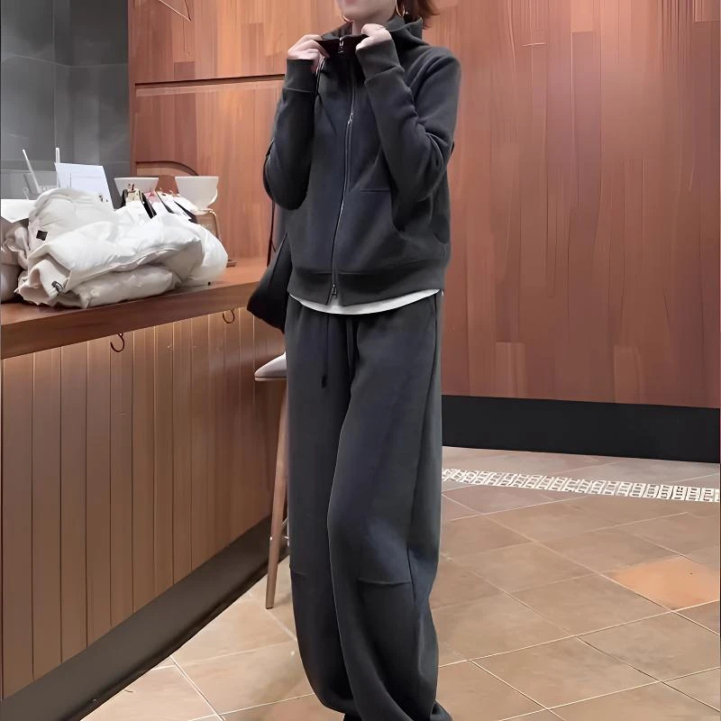 2025秋冬新款慵懒风时尚运动套装女加绒加厚卫衣外套阔腿裤两件套