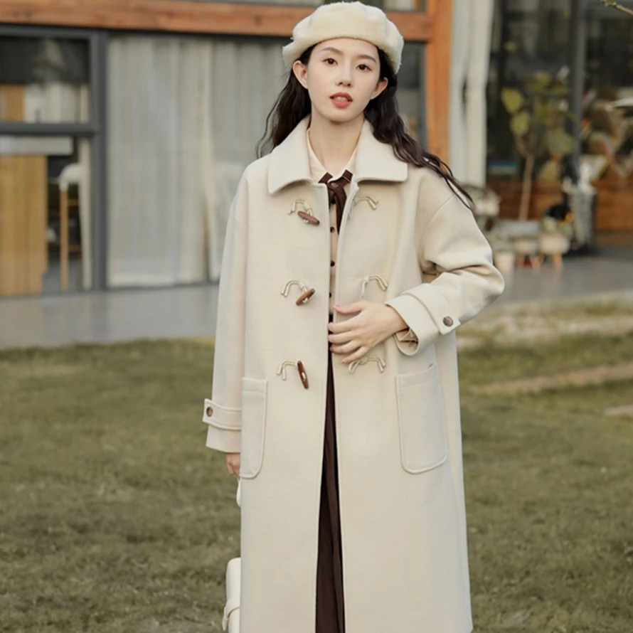 牛角扣大衣女2024年新款冬季韩系小个子呢子毛呢外套