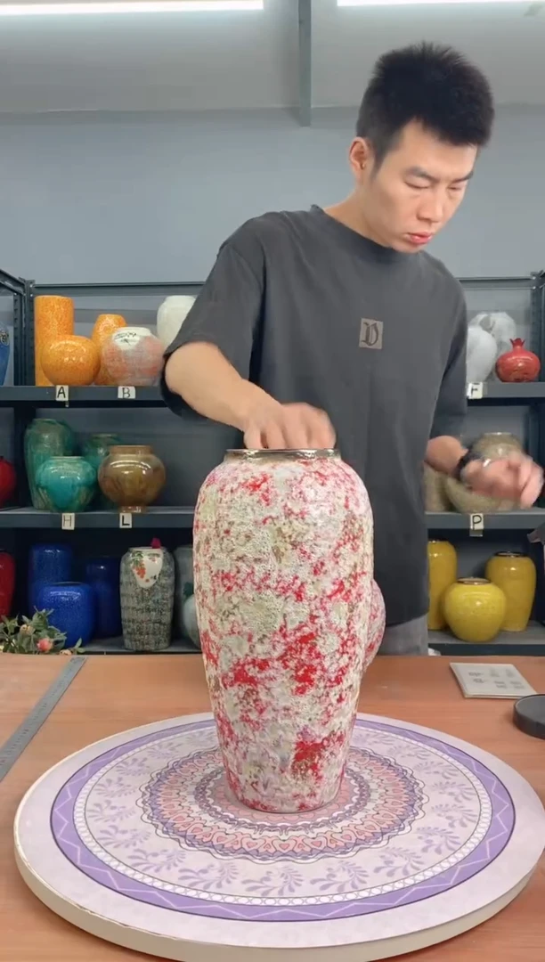 【闪购商品】瓶胭脂红大号金口陶瓷花瓶 无花