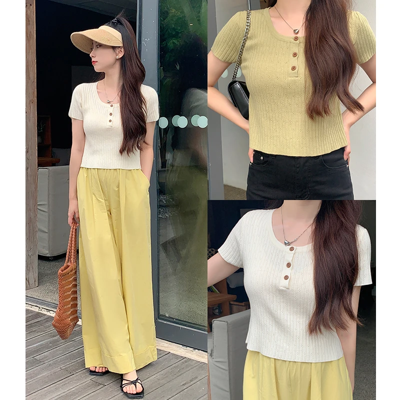心蓝家 里约夏日 小个子针织短袖T恤女夏季新款百搭圆领上衣服150