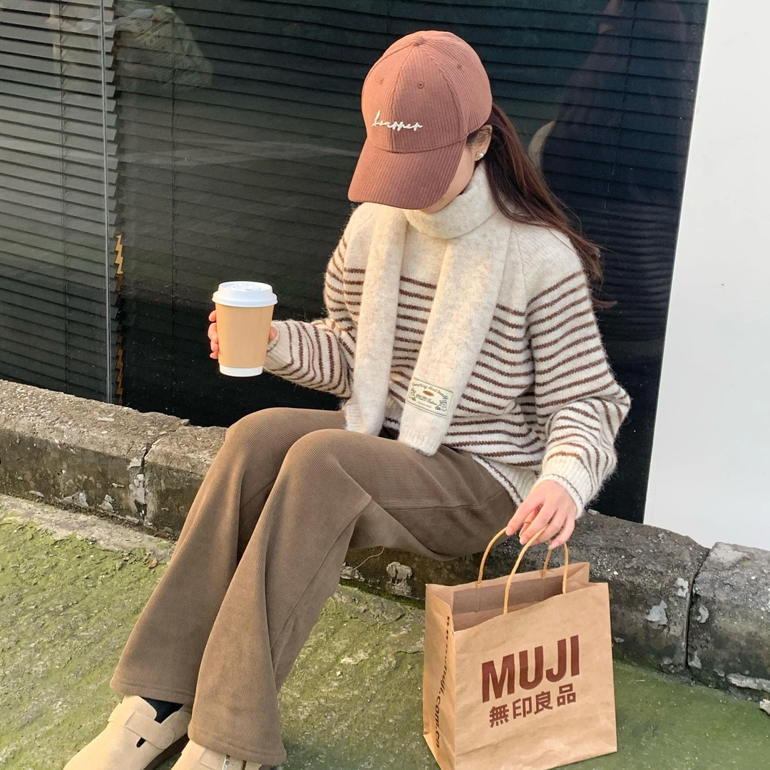 心蓝家送围巾 撞色条纹时髦慵懒风毛衣小个子穿搭女显高韩版减龄