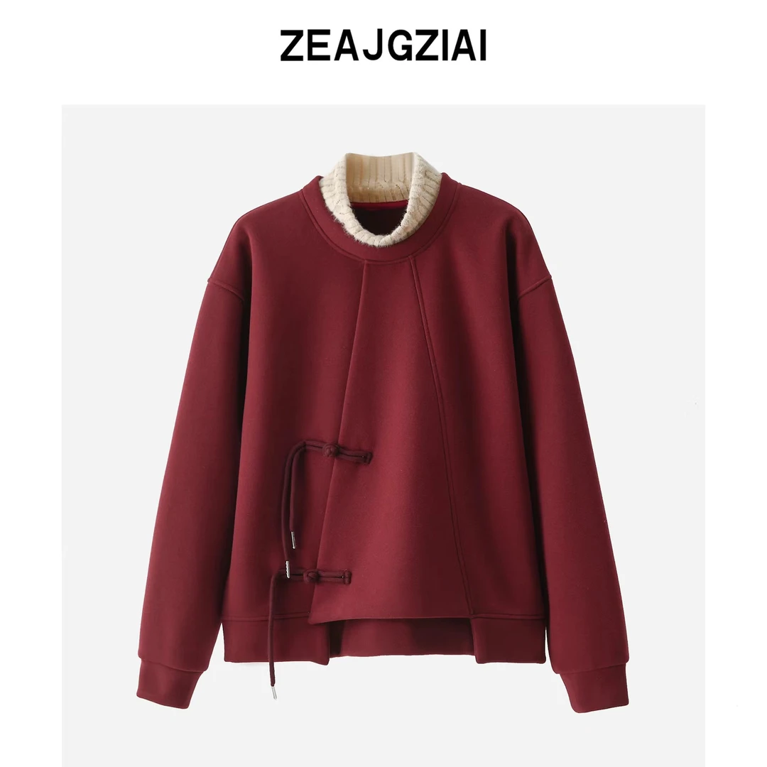 红色本命年衣服秋冬新款爆款卫衣加绒国风贺岁防寒半高领盘扣上衣