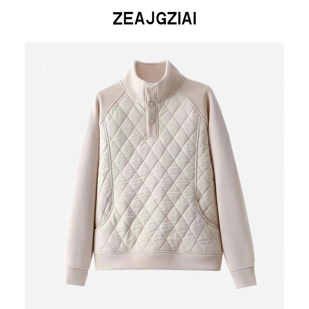 暖冬系时尚百搭三粒扣设计3D压棉加绒加厚长袖卫衣秋冬拼接卫衣女