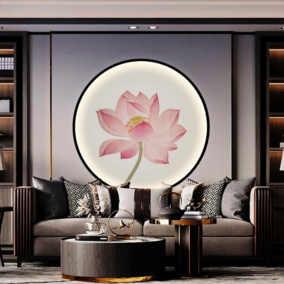 素雅荷花丝绢灯屏玄关沙发背景茶室办公室透光画拼接尺寸金色黑色
