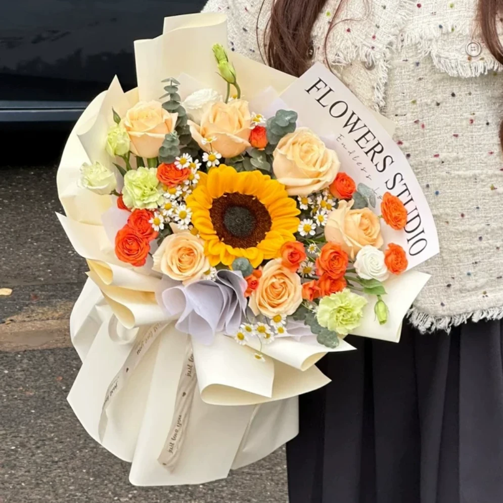 【平安喜乐】1枝向日葵花束6枝香槟玫瑰花束混搭花束约会见面鲜花小时达同城配送
