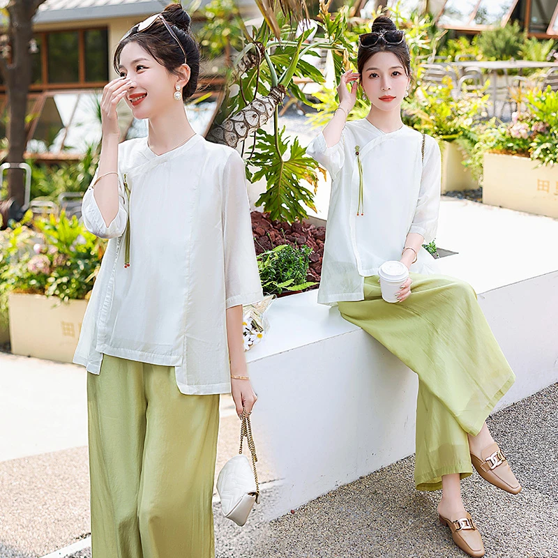 2024夏装新款女装时尚潮流优雅民族风优雅小衫配阔腿裤套装两件套
