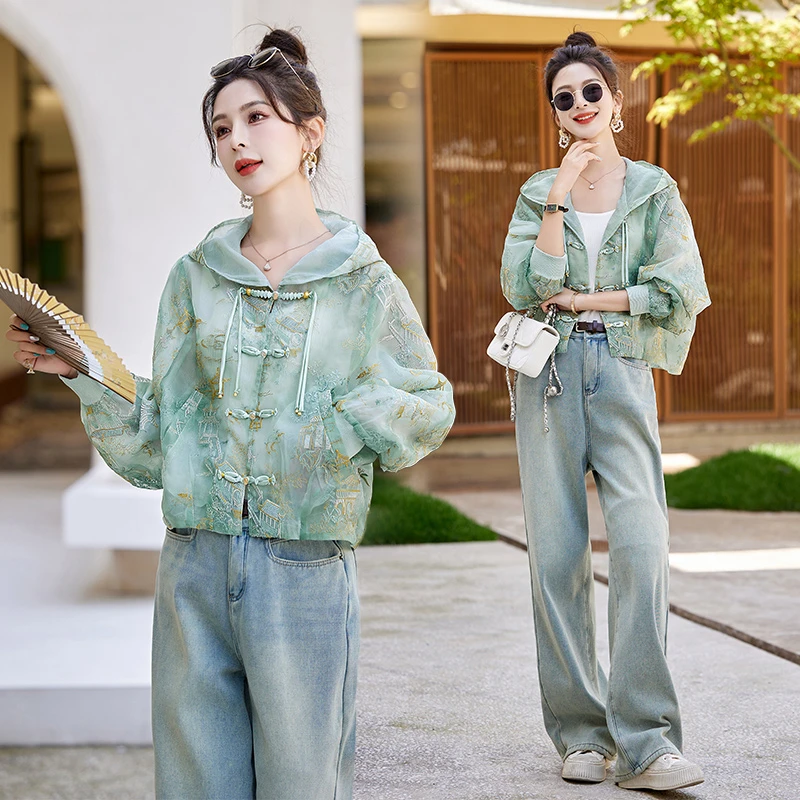 新中式国风外套女夏季薄款小个子重工刺绣连帽短款防晒衣薄纱外穿