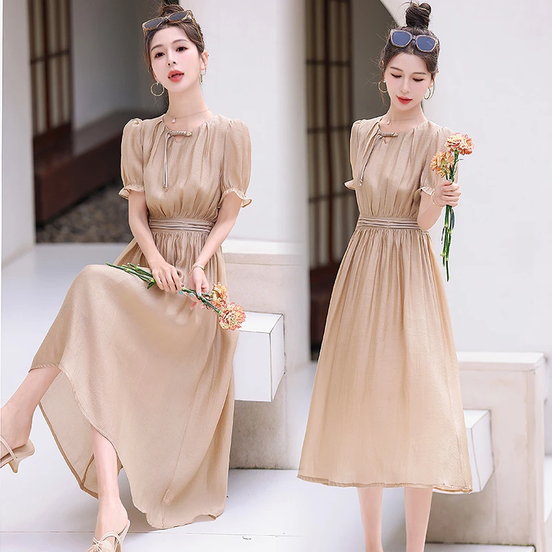 短袖连衣裙女2024夏季新款时尚系带收腰泡泡袖法式气质长款裙子潮