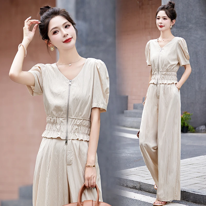 2025夏季女装新款时尚阔腿裤套装女短袖显瘦气质洋气高腰休闲减龄