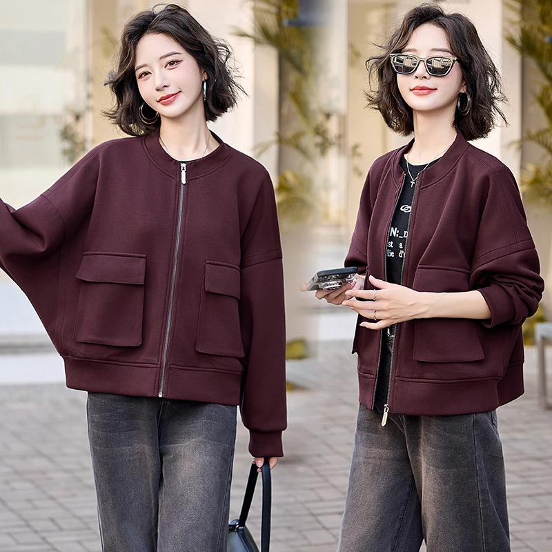 秋季新款2025年圆领长袖纯色外套女气质休闲设计感工装棒球短上衣