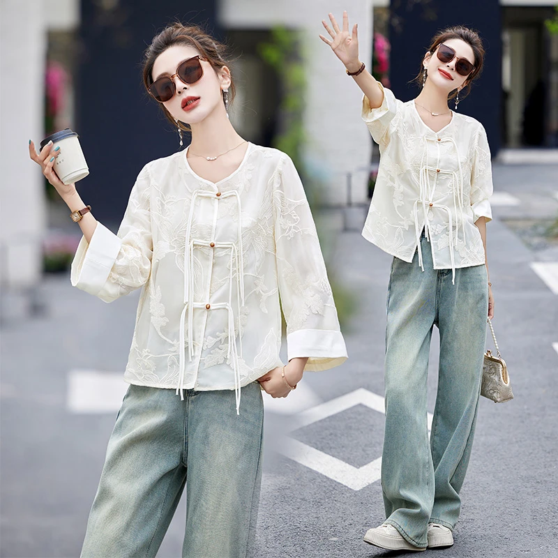 新中式国风短款外套女2024新款夏季女款欧根纱薄款刺绣女装防晒衣