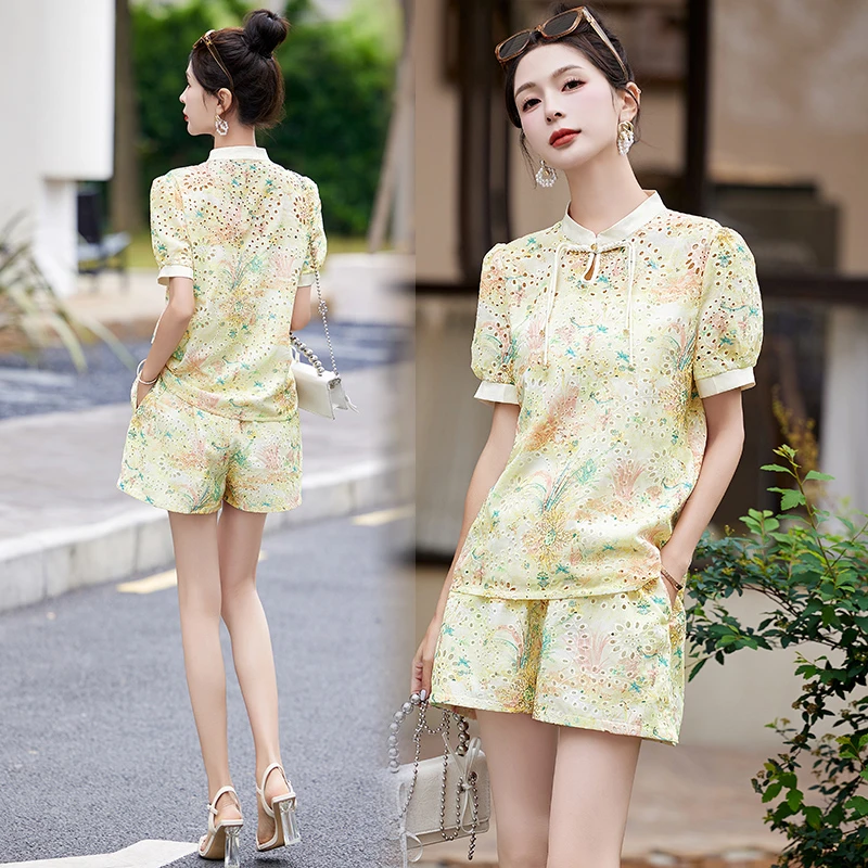 爆款2024夏新中式国风小个子洋气减龄碎花蕾丝上衣短裤两件套套装