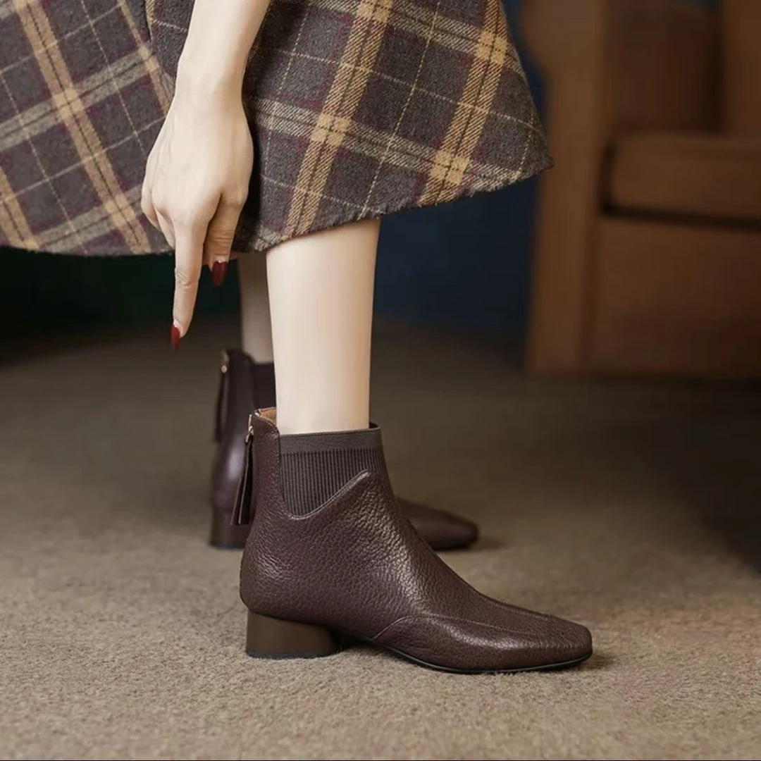 法式复古方头粗跟小短靴女2024秋冬新款加绒弹力瘦瘦袜子靴马丁靴