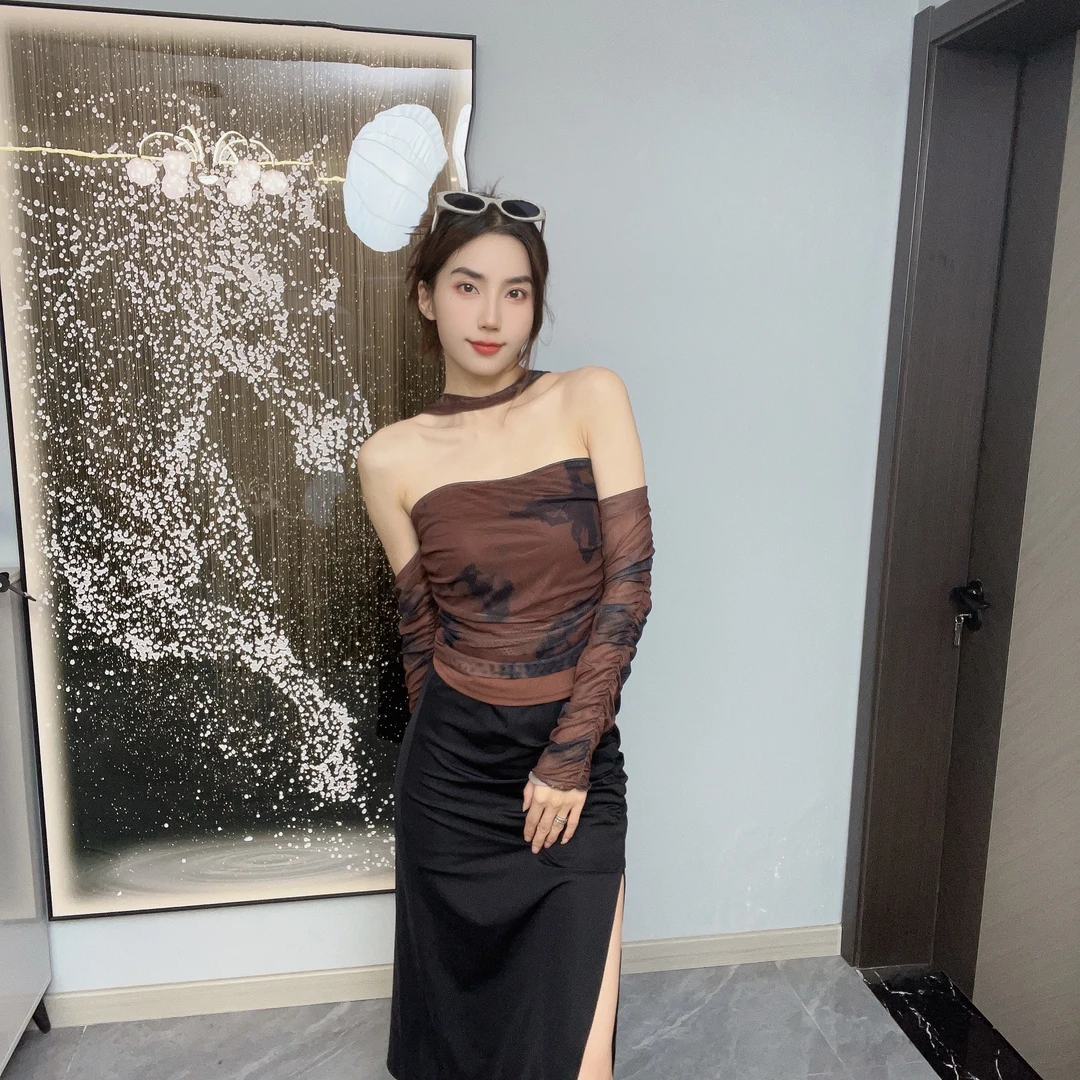 【HAHA家2店】辣妹性感抹胸上衣女早秋美式扎染挂脖长袖网纱防晒