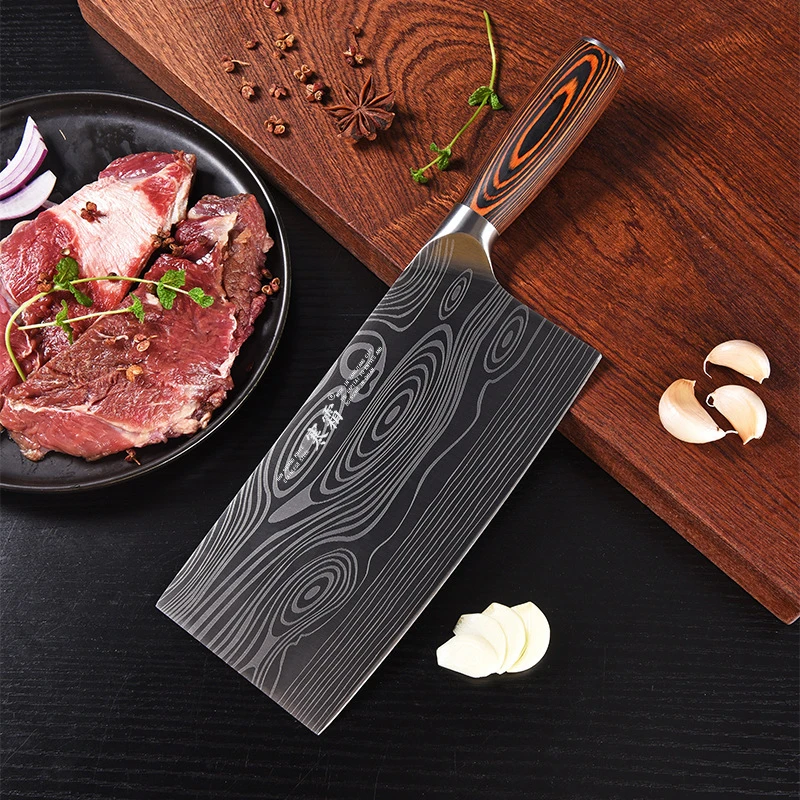 彩木圆柄大马士纹钢菜刀厨房家用厨师专用超锋利免磨多功能切片刀