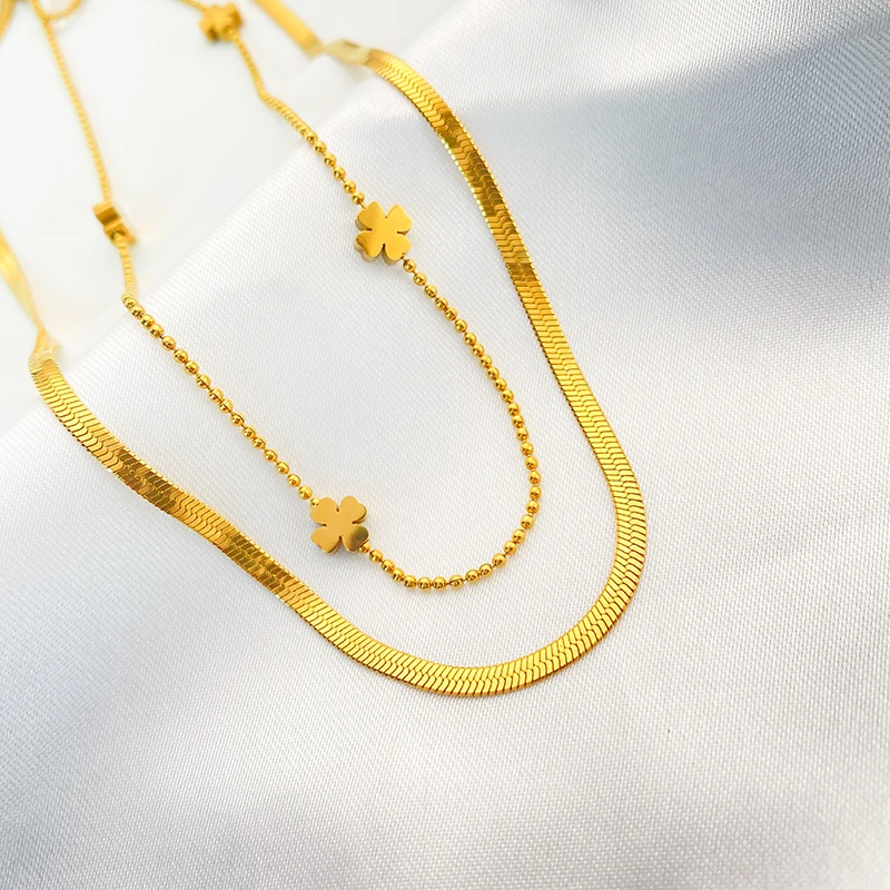 钛钢项链 （闪耀的你）双层叠戴四叶花大码加长项链