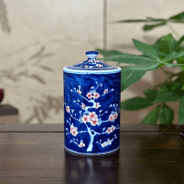 景德镇厂货瓷器釉下青花手绘红梅茶叶罐储物罐古玩瓷器仿古收藏
