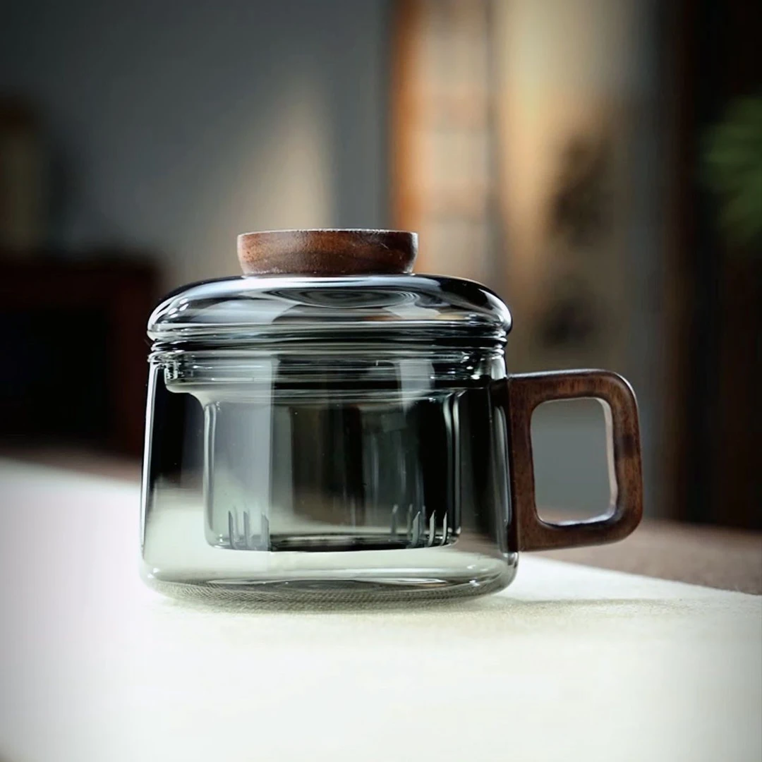 木把烟灰色高硼硅玻璃墩墩杯家用小容量过滤茶水分离防烫加厚耐热