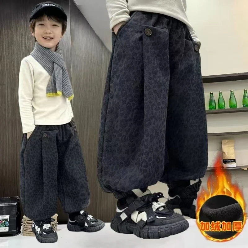 儿童加绒裤子2025新款男童女童冬装加绒加厚时尚豹纹洋气秋冬绒裤