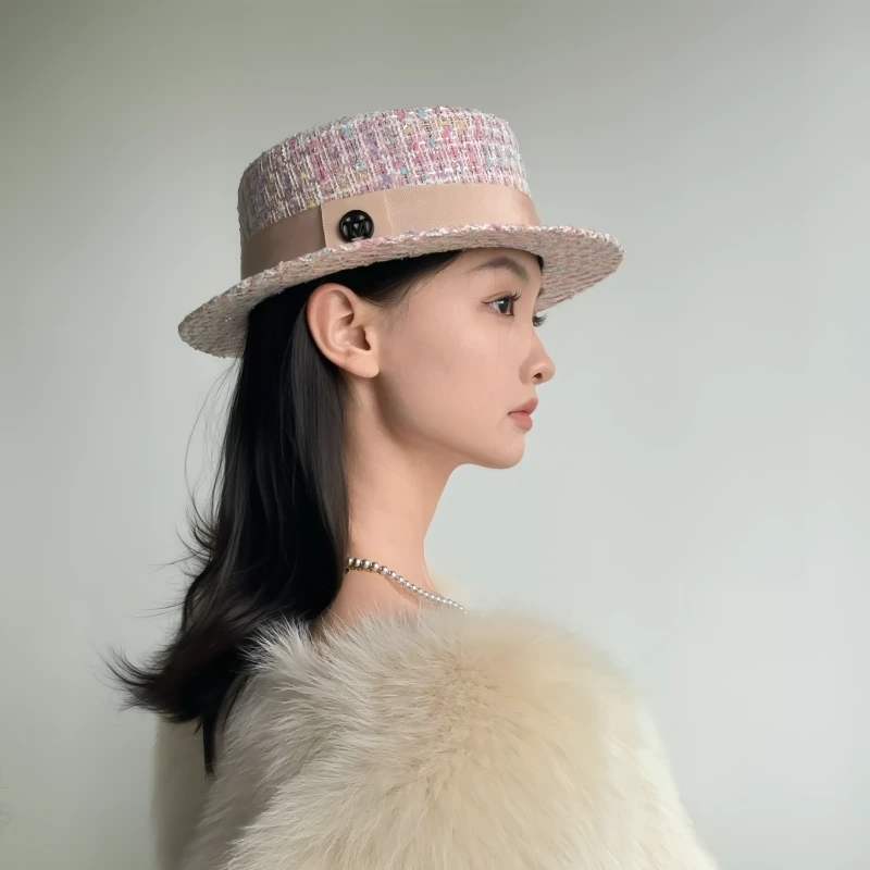 法式优雅气质小香风粗花毛呢礼帽女秋冬英伦复古百搭小檐平顶帽子