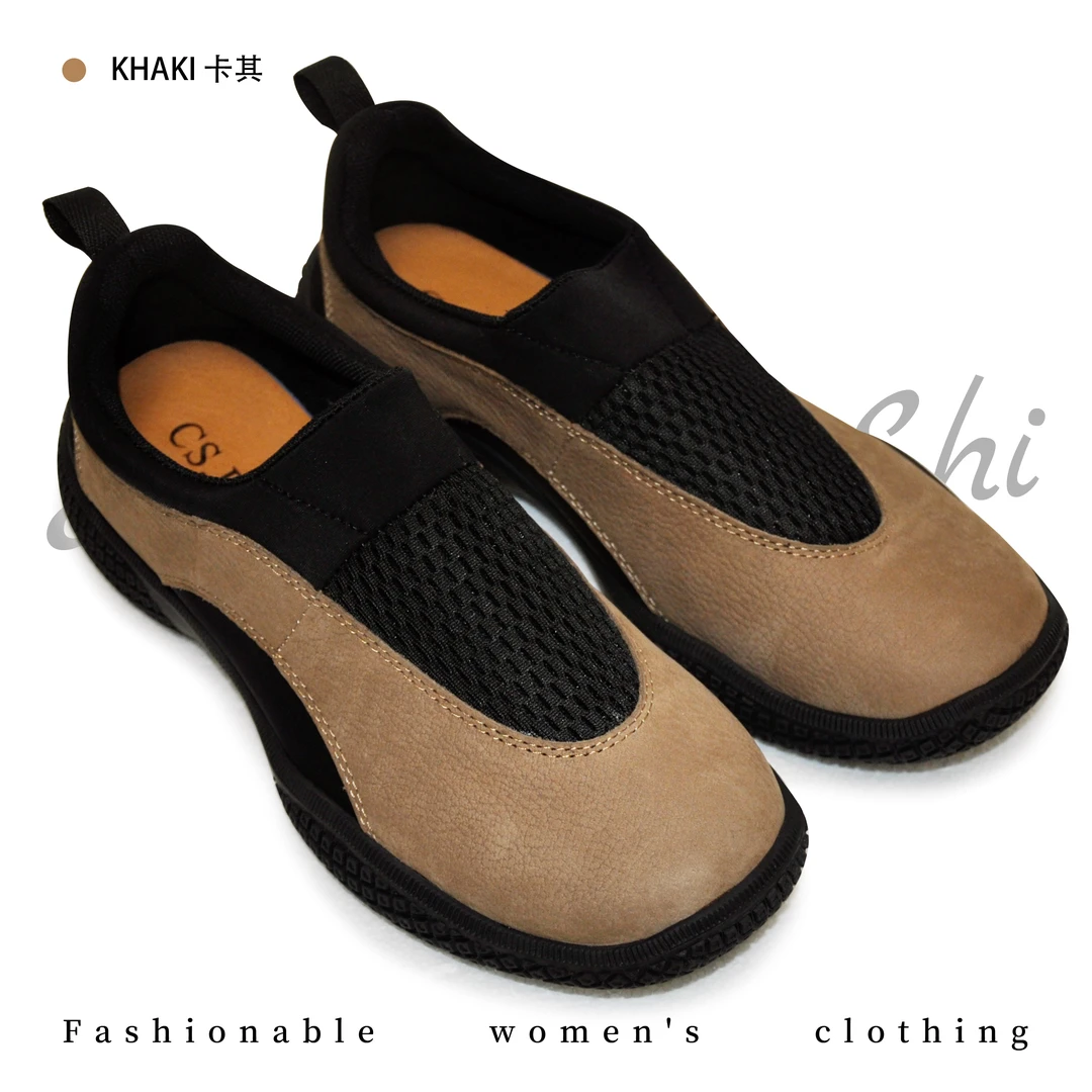 春秋季牛皮拼接弹力布一脚蹬休闲鞋   中年妈妈百搭圆头女鞋28-S9