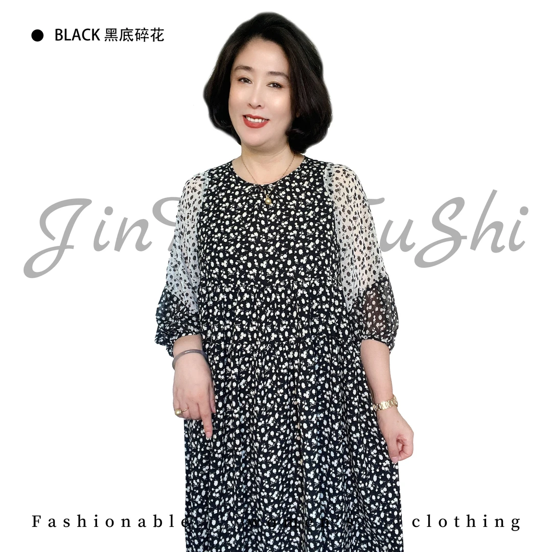 宽松减龄小碎花连衣裙女     中年妈妈时尚薄款印花大码中长裙035