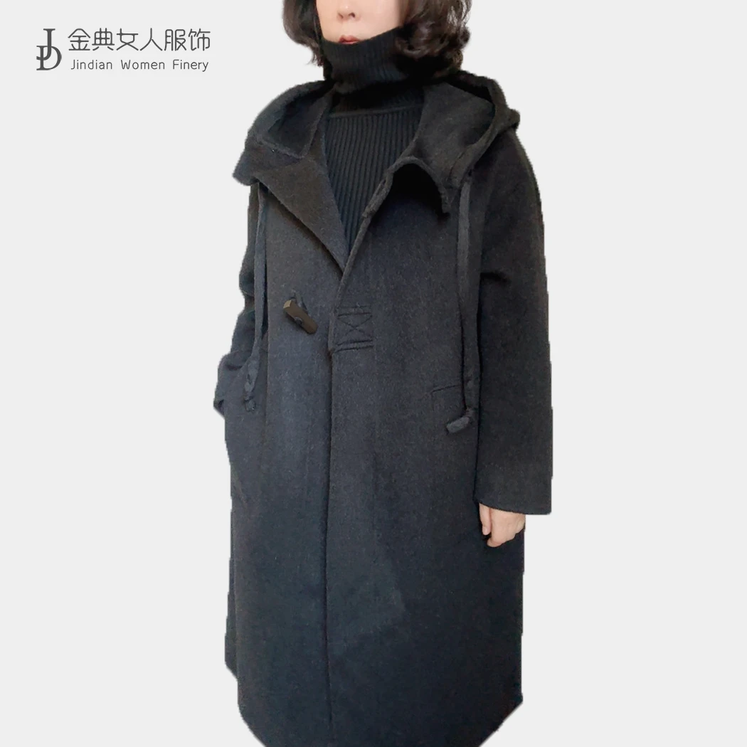 高级感双面手工羊毛骆驼绒连帽大衣女  时尚女士经典长款外套4037