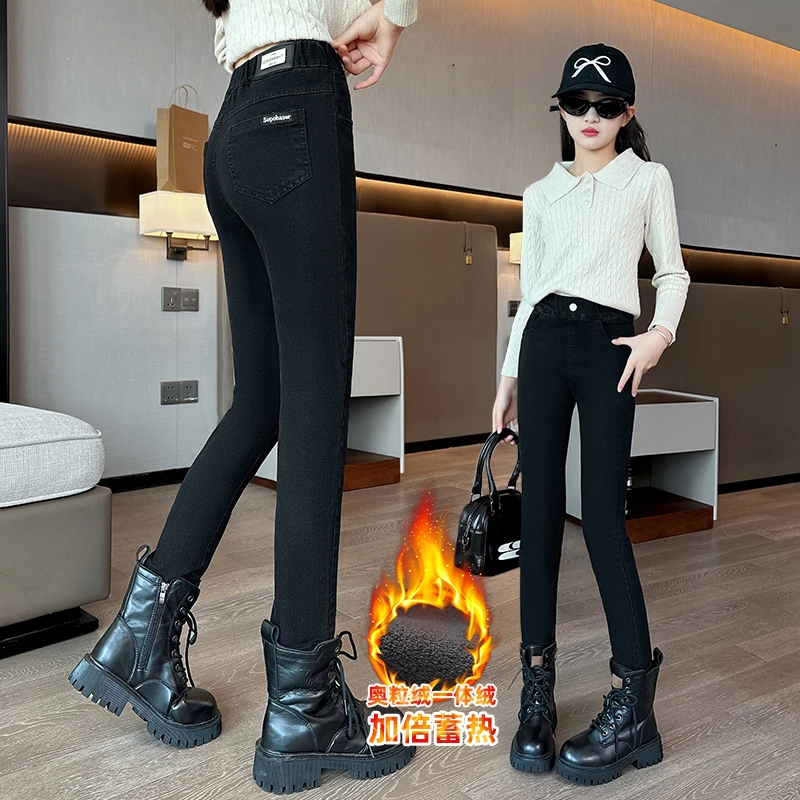 女童加绒打底裤秋冬外穿2025新款儿童黑色弹力铅笔小脚黑裤子加厚
