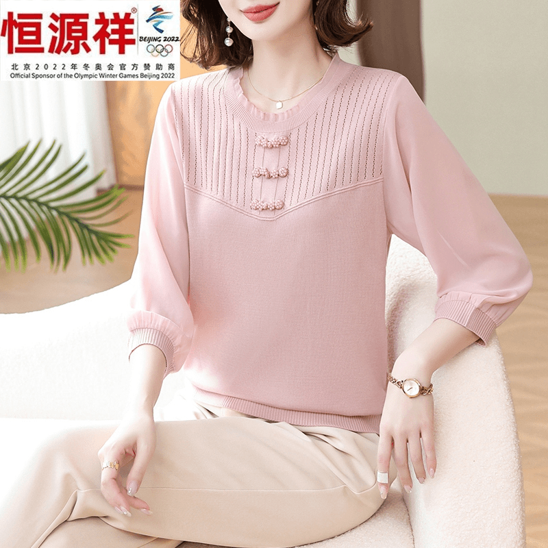 恒源祥彩羊气质妈妈装夏季女t恤上衣九分袖2024新款盘扣针织小衫