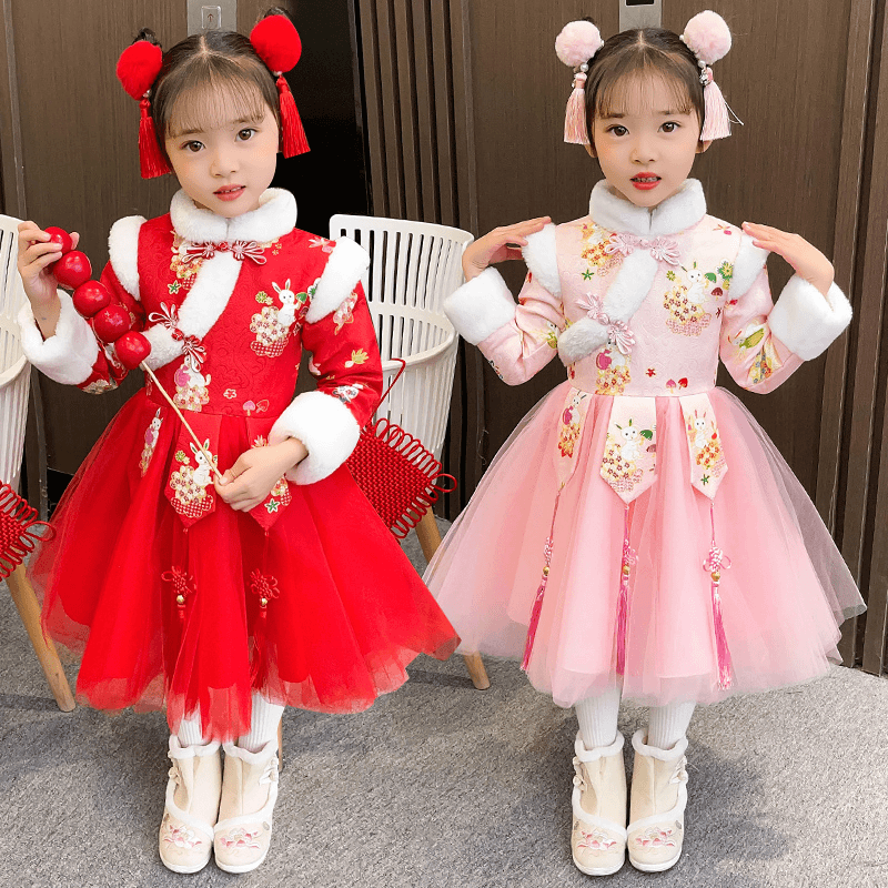 儿童旗袍冬季加绒国风拜年服女宝洋气超仙唐装汉服过年喜庆公主裙