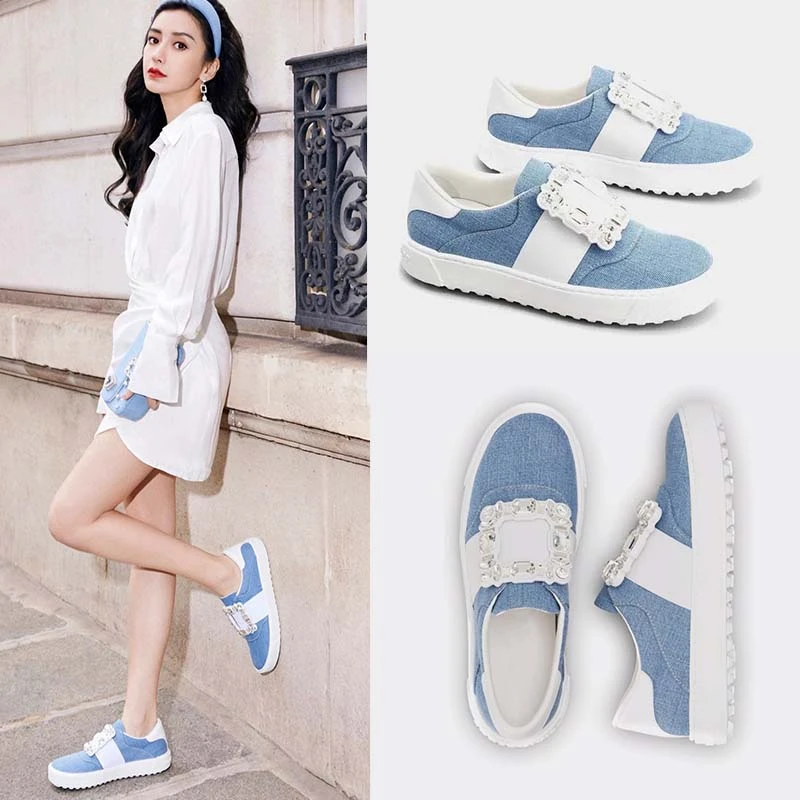 8879鞋水钻方扣休闲高尔夫球鞋女牛仔小白鞋真皮乐福鞋