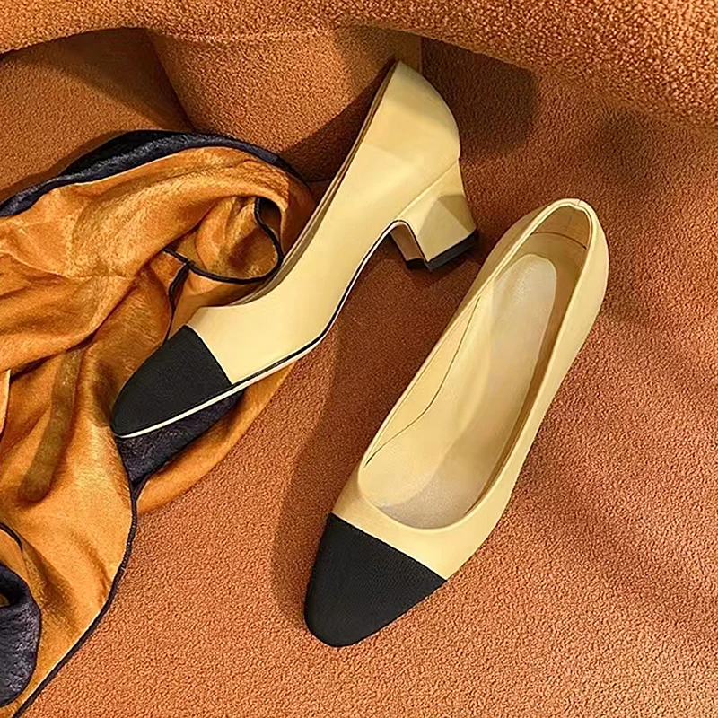 小香风女鞋8896新款高级感拼色粗跟单鞋