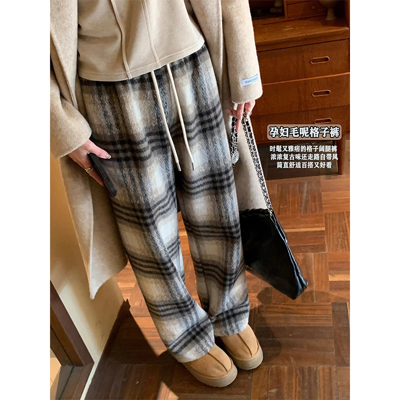 孕妇裤子秋冬季外穿2024新款加厚毛呢黑白格子裤休闲慵懒阔腿裤冬