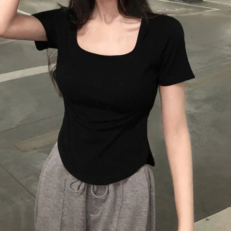 孕妇夏装新款上衣显瘦短款百搭夏季小众方领纯色修身辣妈性感纯欲