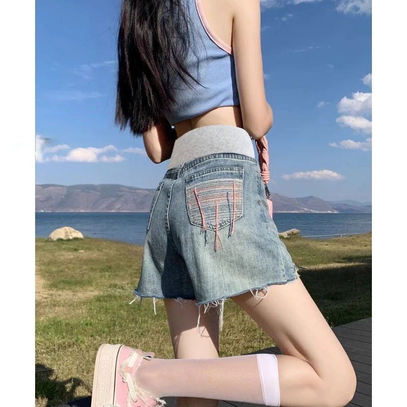 孕妇牛仔短裤夏季外穿多巴胺穿搭休闲显瘦破洞打底阔腿裤夏天薄款