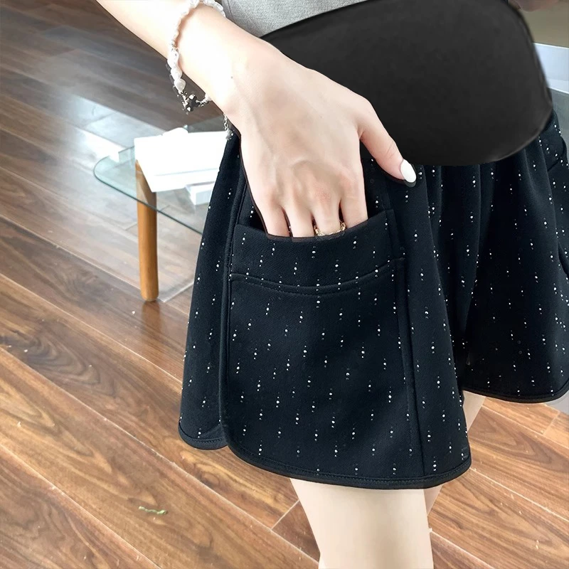 孕妇短裤夏季薄款外穿宽松休闲烫钻阔腿裤高腰托腹大码五分短裤子