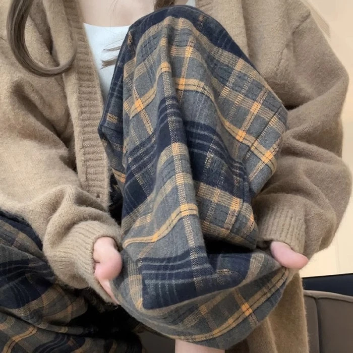 孕妇裤春秋外穿格子阔腿裤2024新款休闲大码宽松直筒拖地长裤秋季