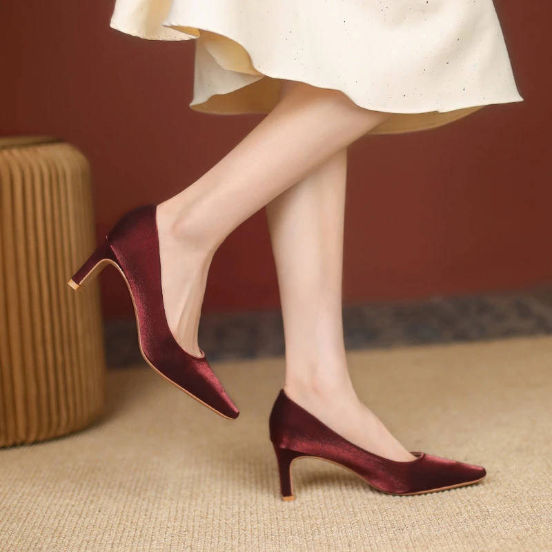 【新迪】法式粗跟单鞋女春季2023新款小方头高跟女鞋气质中跟鞋子