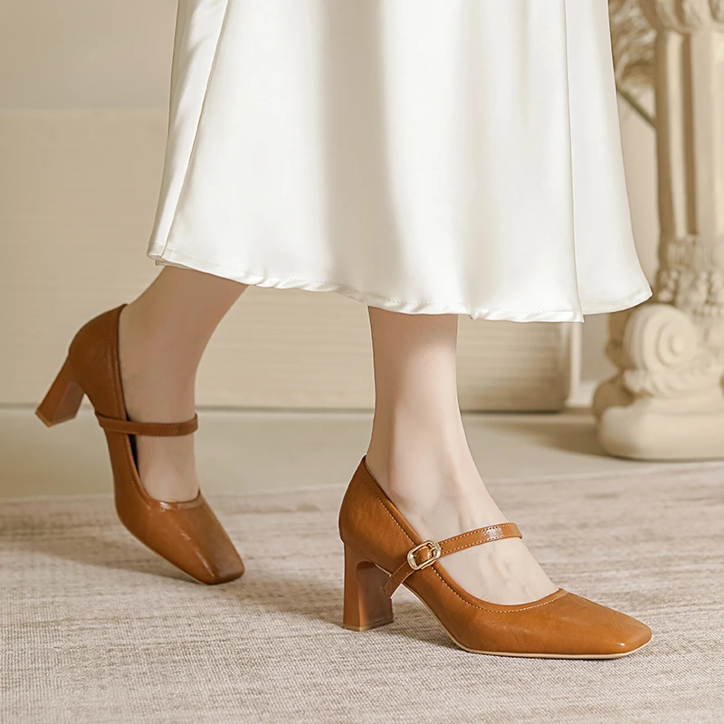 【新迪】法式粗跟一字带玛丽珍单鞋女2024新款百搭气质百搭高跟鞋子