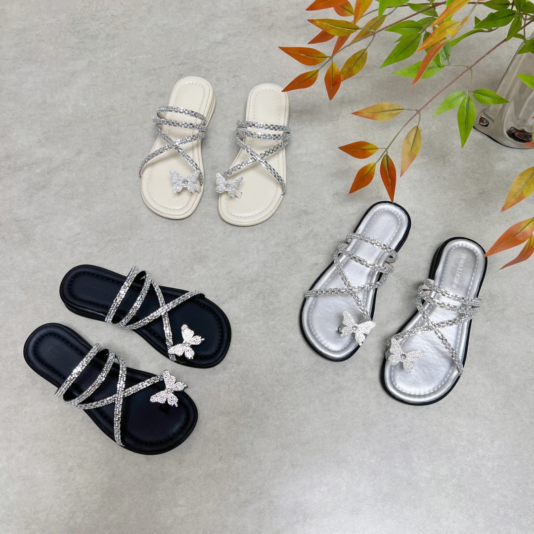 蝴蝶水钻套趾凉拖鞋女夏外穿2024新款法式低跟配裙子仙女两穿凉鞋