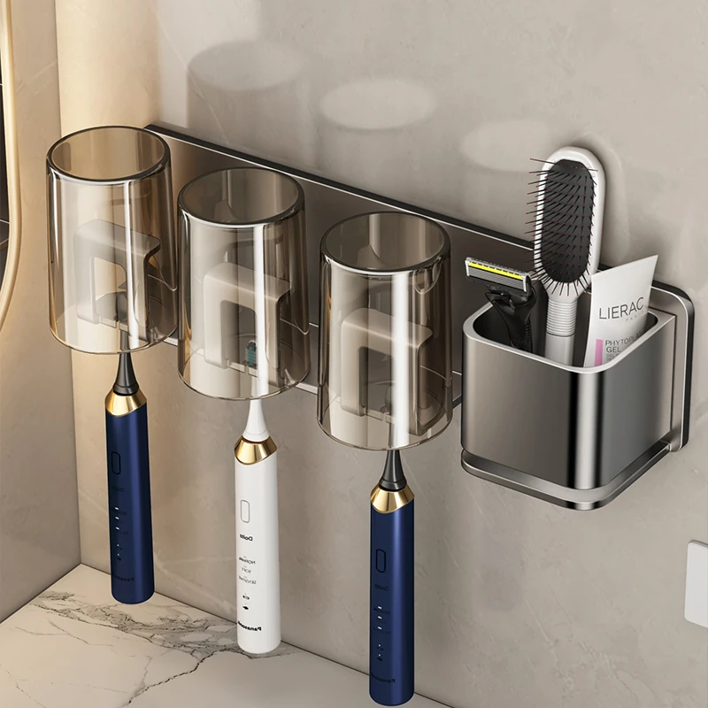 枪灰牙刷置物架新款卫生间浴室免打孔壁挂式电动家庭洗漱口杯架子