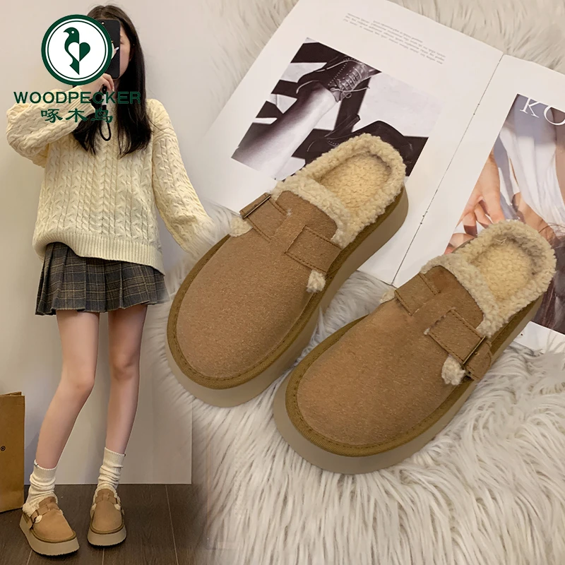 啄木鸟包头半拖鞋女外穿加绒勃肯鞋2024秋冬新款厚底羔毛棉拖鞋