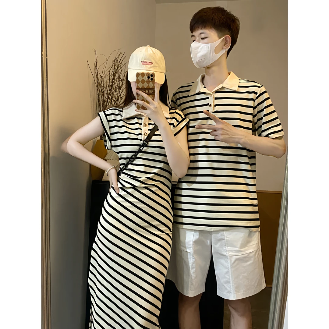 小众设计感情侣装夏季2024韩版短袖T恤女连衣裙法式一裙一衣ins潮