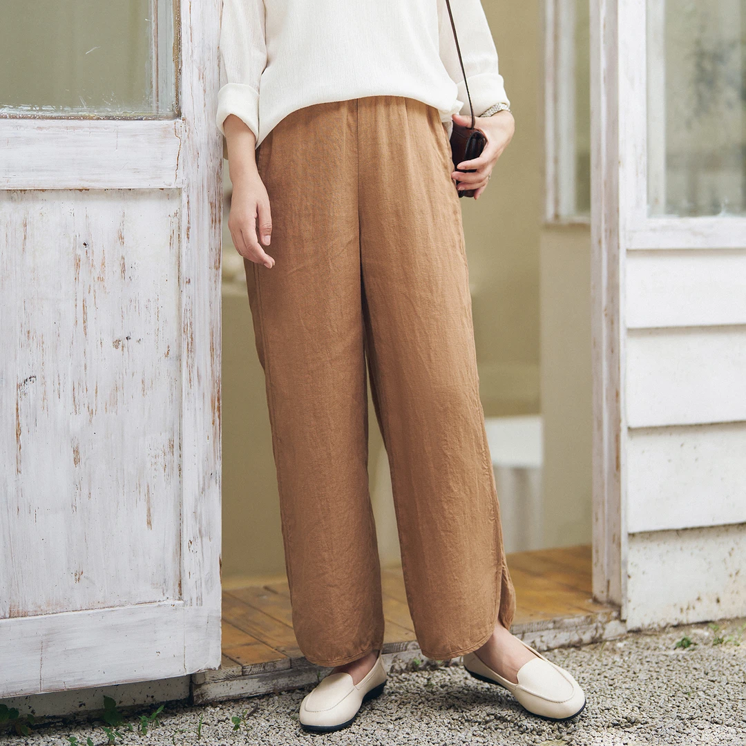 梭家｜交替的对白｜简约通勤驼色松弛感亚麻休闲裤初秋宽松直筒裤