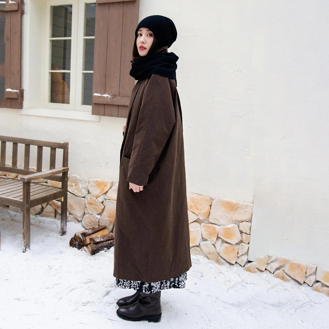 梭家|自由风筝|气质大气新雪丽高效保暖长款深咖色精选匹马棉风衣