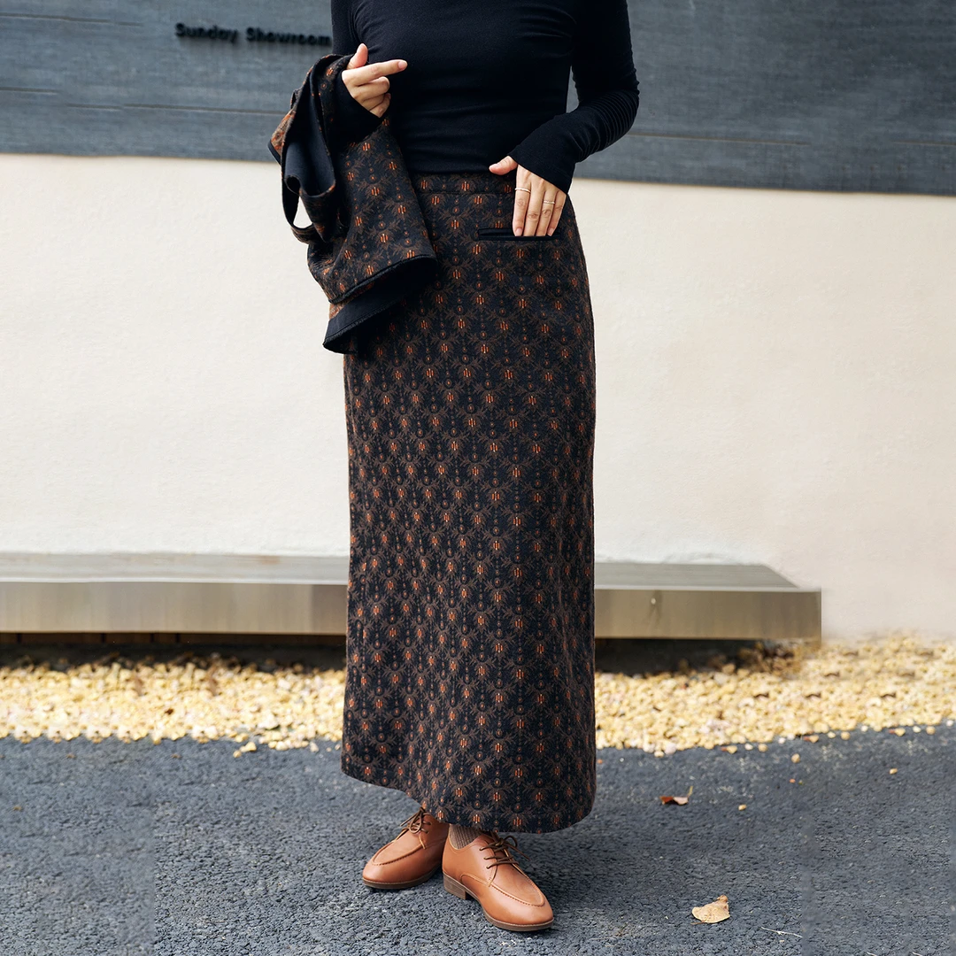 梭家｜记忆温度｜文艺复古提花羊毛亚麻棉混纺半身裙秋冬女直筒裙